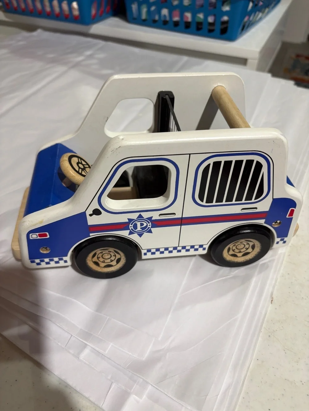 Pottery Barn Wooden Blue and White Police Toy Van for Kids